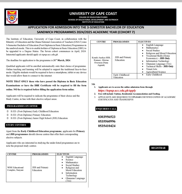 New UCC 3Semester Sandwich Programme 2024/2025 Admission Apply