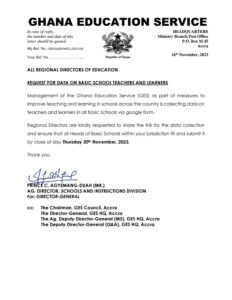 Request for data on basic school teachers and learners 